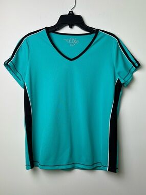Made For Life women’s large aqua and black V-neck short sleeve top.